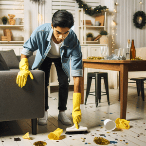 Housekeeper cleaning post New Year's Eve party