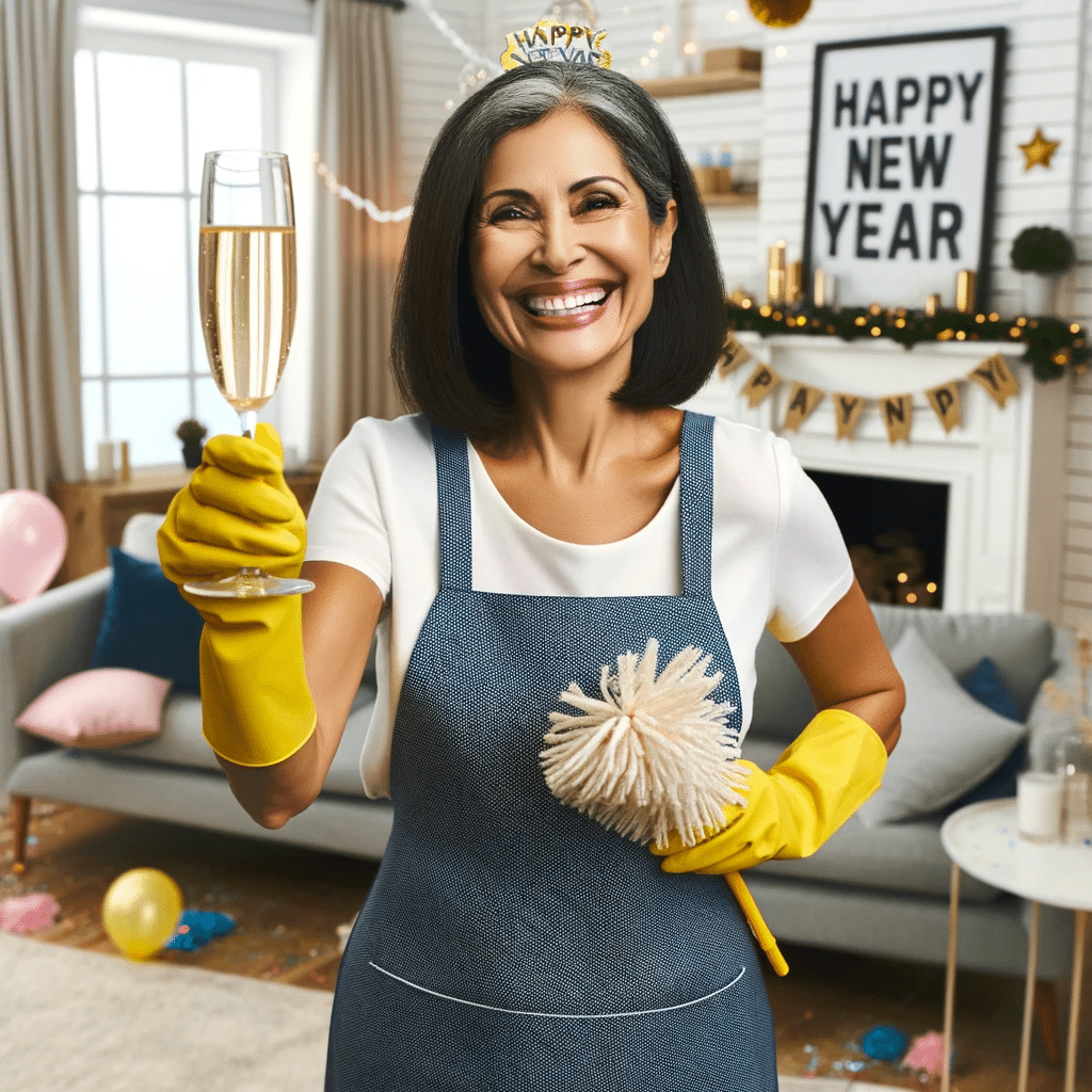 A housekeeper diligently cleaning a living room after a New Year's Eve party, with empty glasses, confetti, and party decorations scattered around.