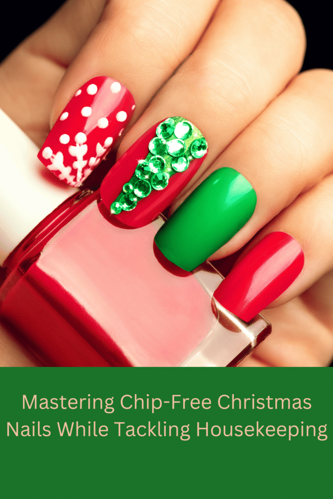 How to keep festive Christmas nails with glittery red and green polish, adorned with miniature sparkling ornaments while tackling housekeeping
