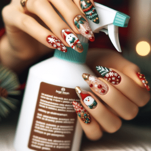 Festive Christmas nails holding a cleaning bottle, striking a balance between holiday glam and household chores.