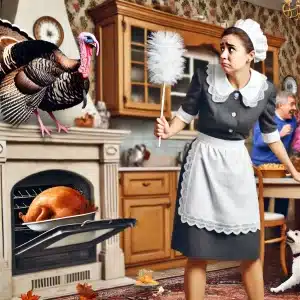 A surprised maid holding a feather duster faces off against a live turkey perched on a fireplace. A roasted turkey is in the oven below, while a family in the background laughs, and a dog plays on the floor.