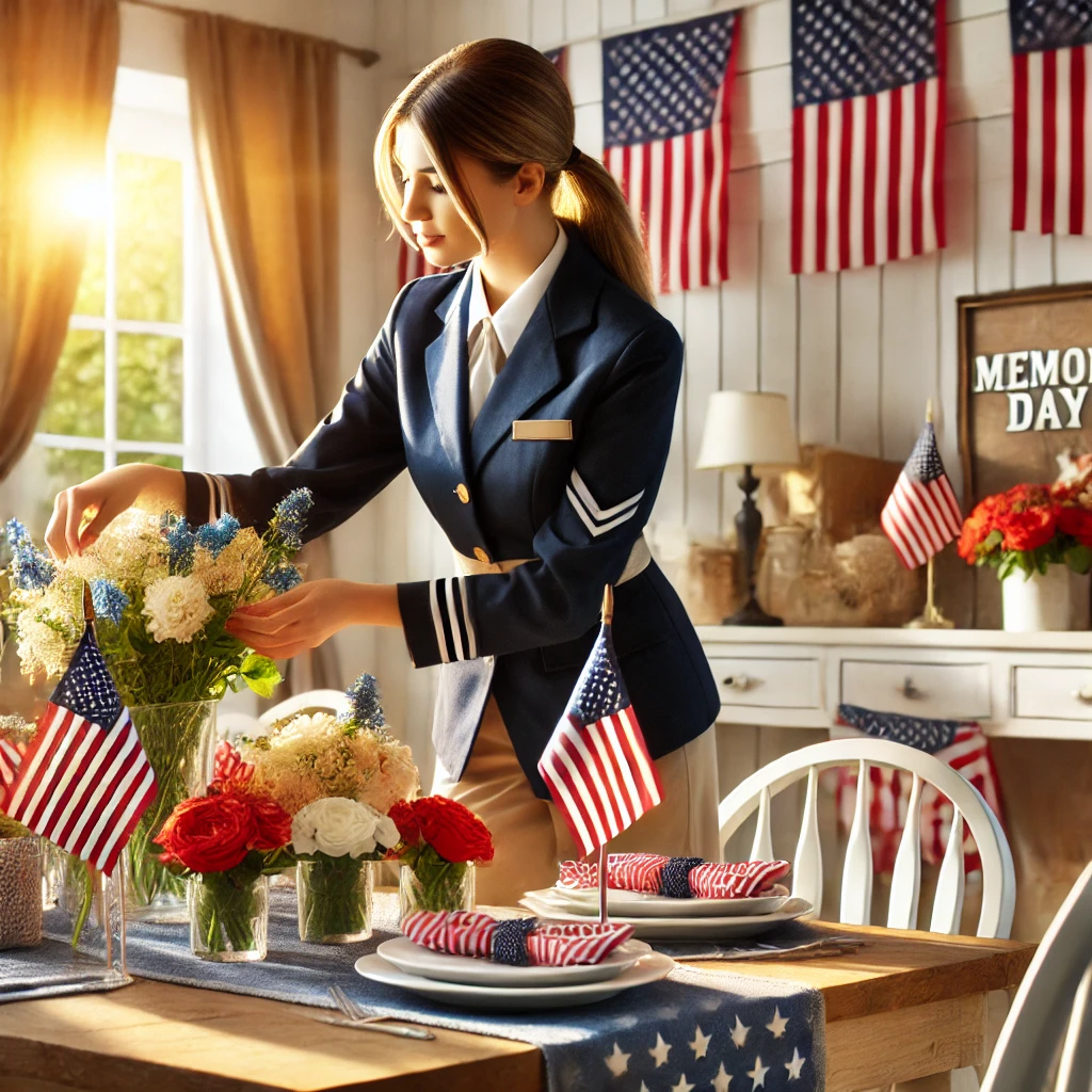 A housekeeper in a neat uniform decorates a home for Memorial Day, arranging red, white, and blue decorations with American flags and a festive table setting. Sunlight streams through the windows, creating a warm patriotic atmosphere. A "Memorial Day" banner is visible in the background.