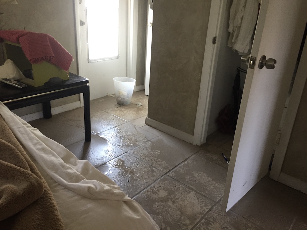 Water-stained flooring and deteriorated conditions in vacation rental common area, highlighting why pre-season inspection is critical
