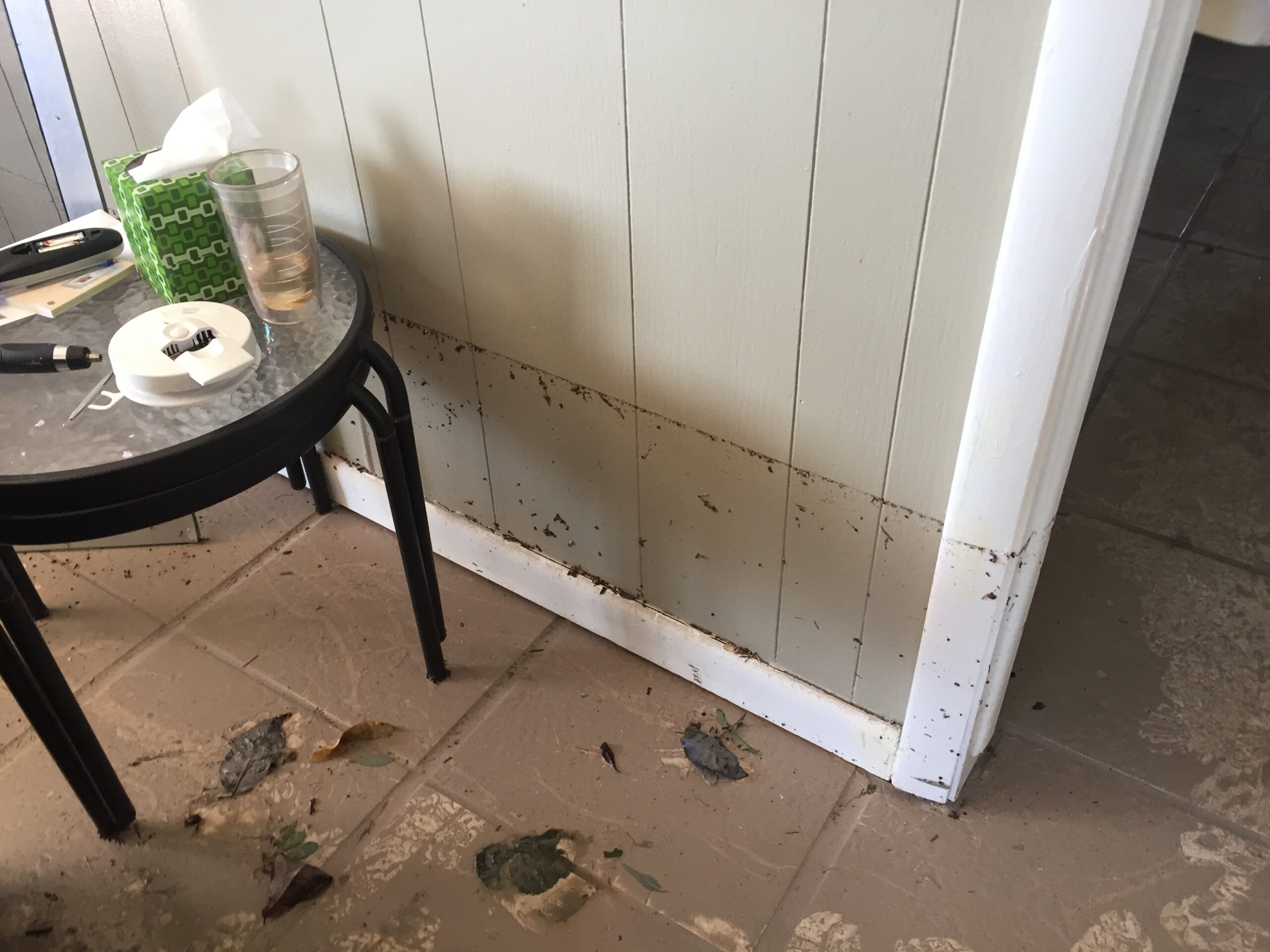 Muddy floor with storm debris and water damage