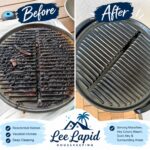 Before-and-after deep cleaning of a greasy grill pan by Lee Lapid Housekeeping in the Florida Keys