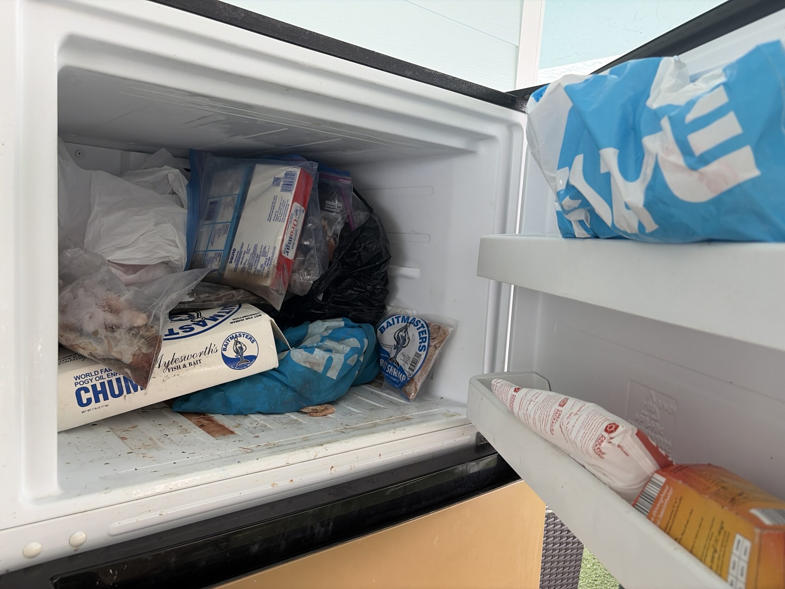 Vacation rental freezer containing leftover fishing bait before cleaning in Marathon FL