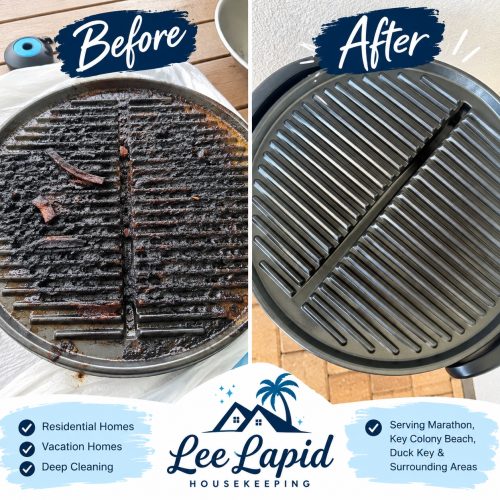Before-and-after deep cleaning of a greasy grill pan by Lee Lapid Housekeeping in the Florida Keys