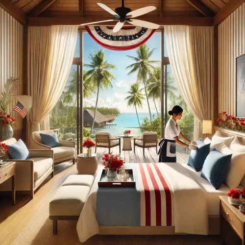 A luxurious tropical resort suite with a housekeeper in a neat uniform adjusting pillows on a large bed. The room features an open balcony with a view of palm trees and a blue ocean. Subtle President's Day decorations, including small American flags on a table, red, white, and blue flowers, and a festive banner, enhance the elegant atmosphere. Sunlight streams through large windows, creating a warm and inviting setting